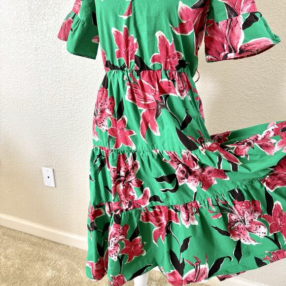 Zara SS19 Size Medium Green Hot Pink Floral Print V-Neck A Like Career Dress - Picture 7 of 16